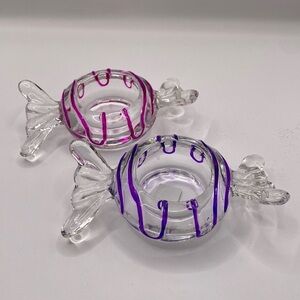 Partylite Glass Hard Candy Wrap Jollyville Set 2 Tealight Candle Holders Holiday